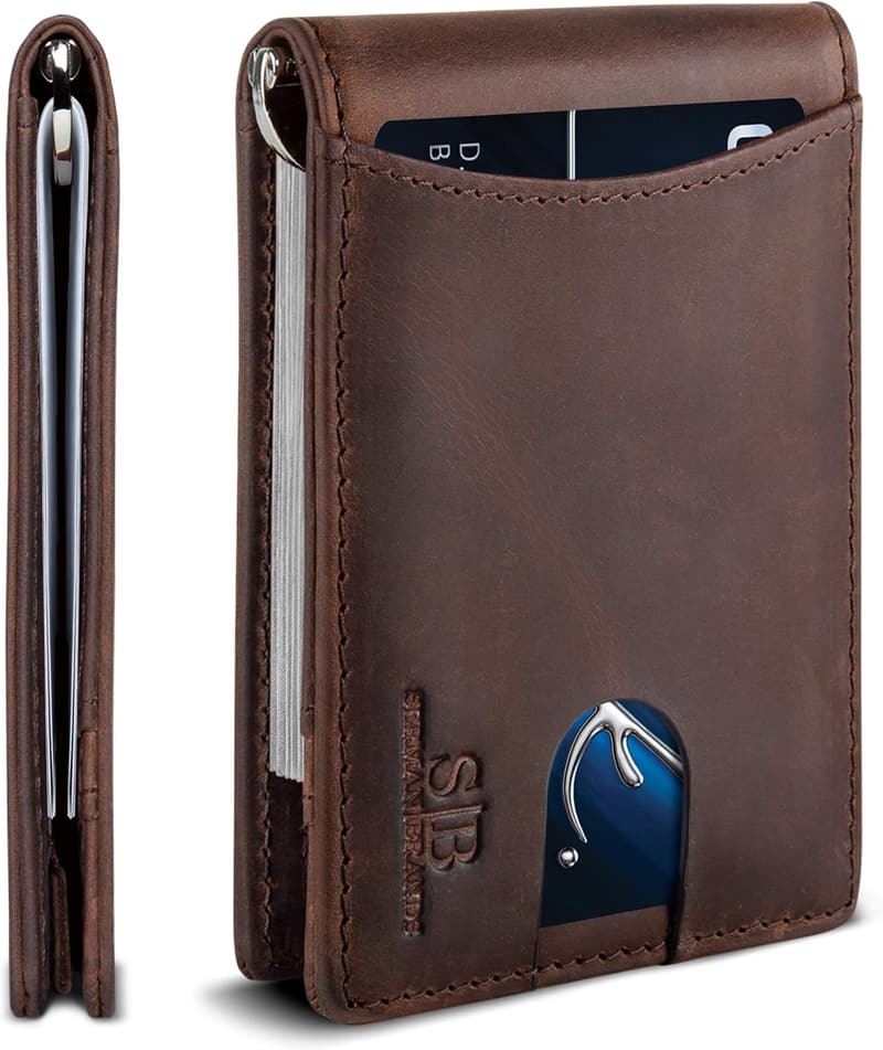 Genuine Leather RFID Slim Bifold Wallet with Money Clip for Men