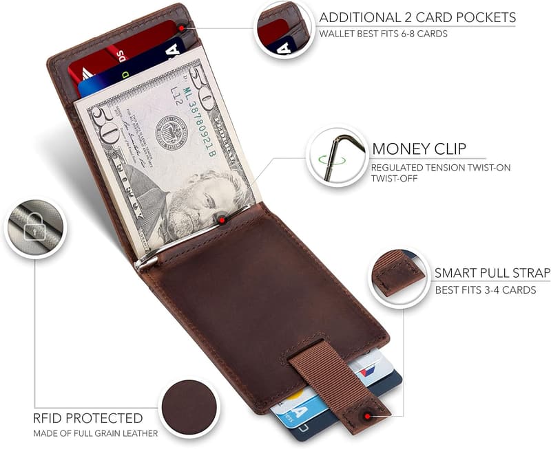 Genuine Leather RFID Slim Bifold Wallet with Money Clip for Men