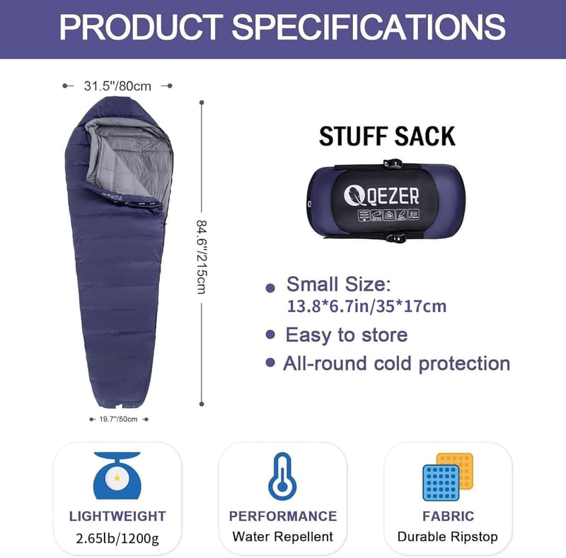 Cold Weather Backpacking Sleeping Bag for Adults with Compression Sack