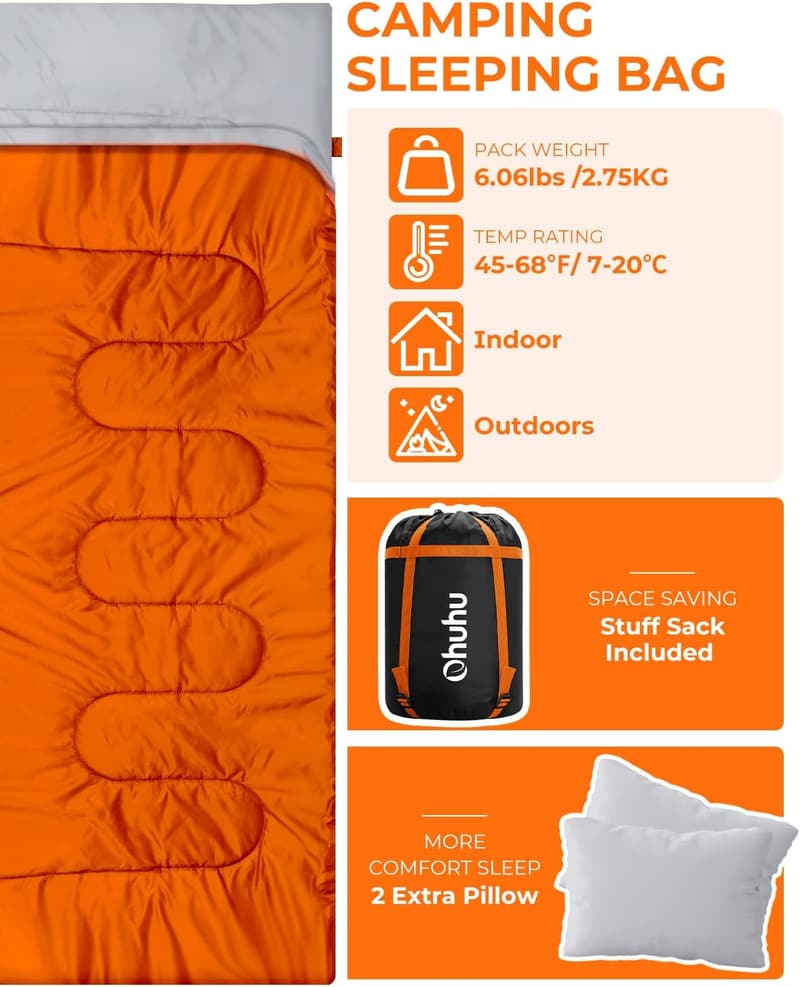 Queen Size Double Sleeping Bag for Adults with 2 Pillows
