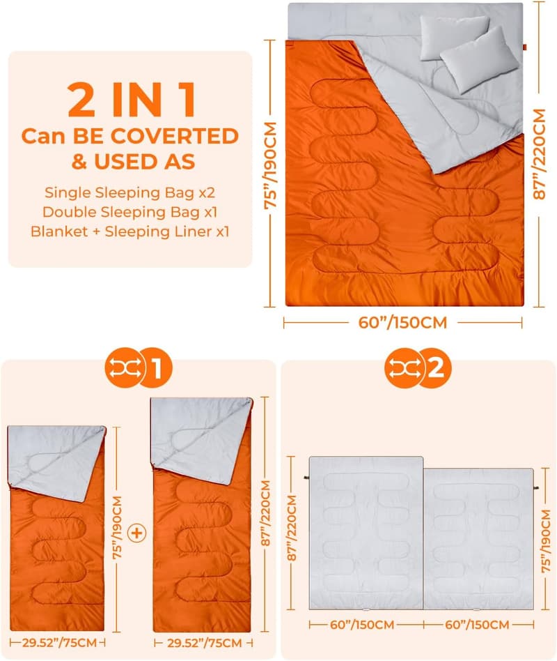Queen Size Double Sleeping Bag for Adults with 2 Pillows