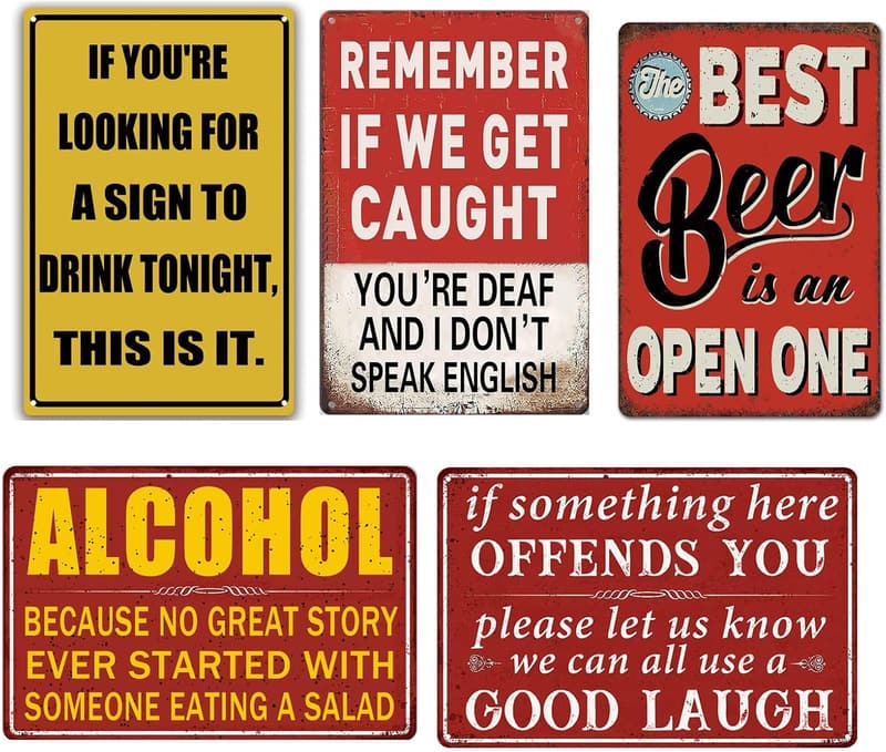 Funny Vintage Metal Bar Signs - 5 Piece Home Decor Set