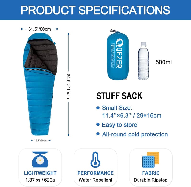 Ultralight 600 Fill Down Sleeping Bag for Camping and Hiking