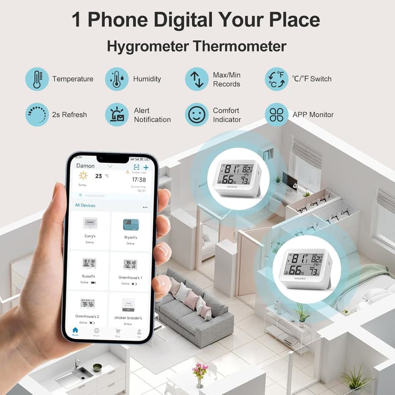 Bluetooth Indoor Thermometer & Humidity Monitor - 2 Pack