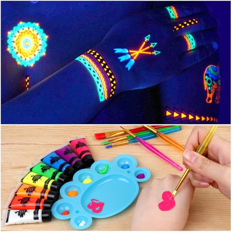 Neon Glow in the Dark Face & Body Paint Set, 8 Tubes