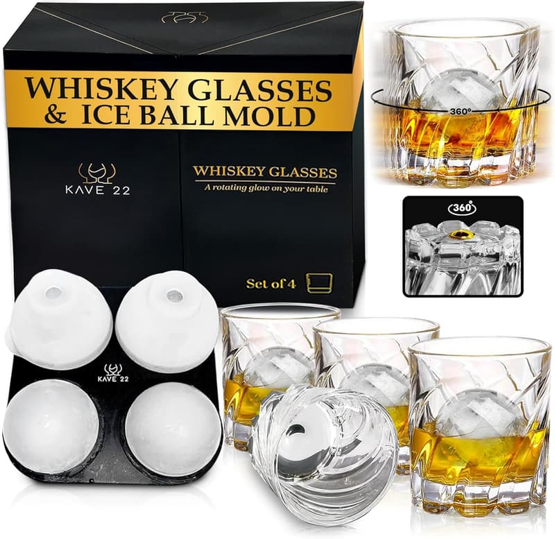 Elegant Whiskey Glass Set with Ice Ball Mold - Set of 4
