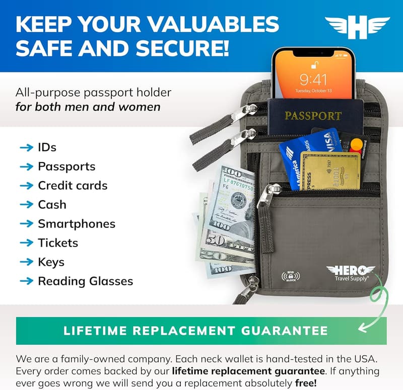 RFID Blocking Neck Wallet Passport Holder for Travel