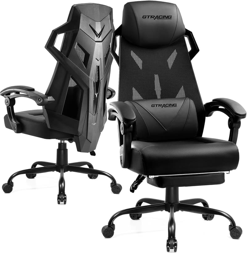 Ergonomic Gaming Chair with Mesh Back and Footrest (Black)