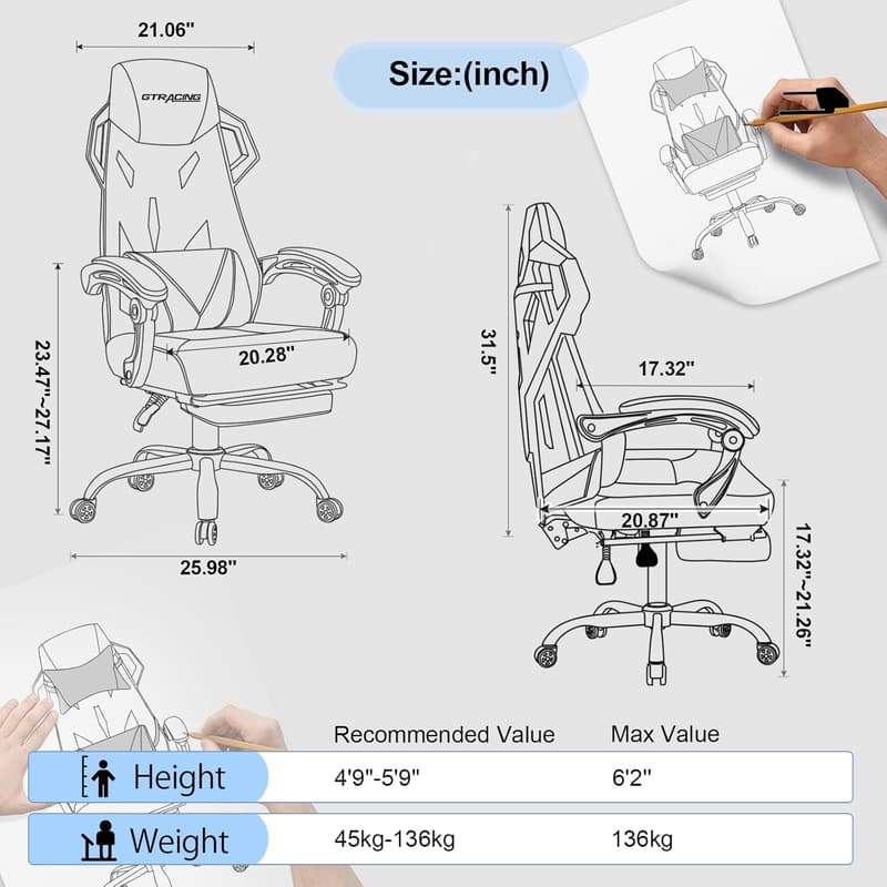 Ergonomic Gaming Chair with Mesh Back and Footrest (Black)