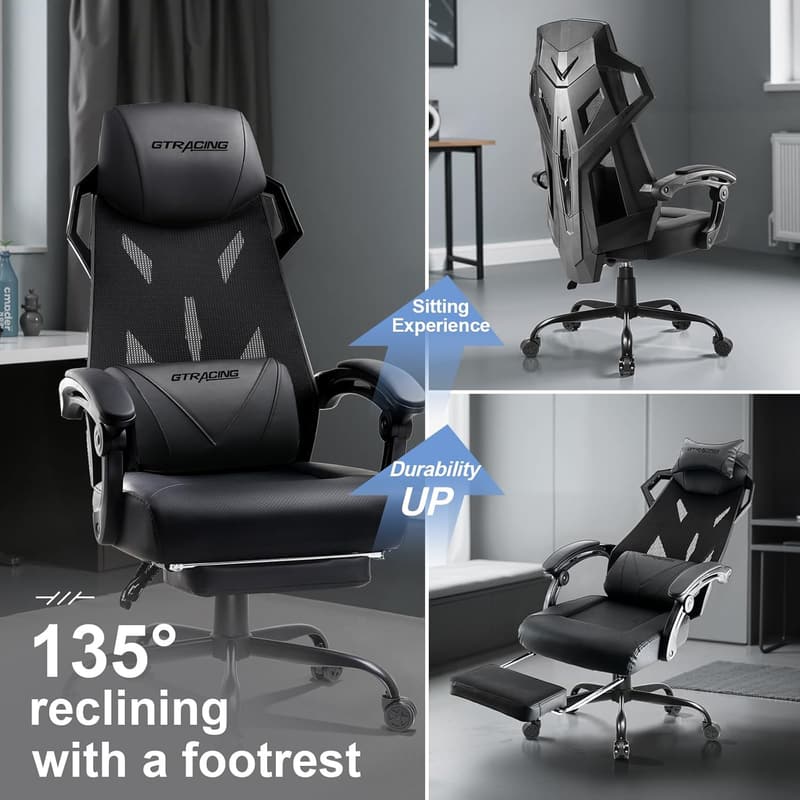 Ergonomic Gaming Chair with Mesh Back and Footrest (Black)