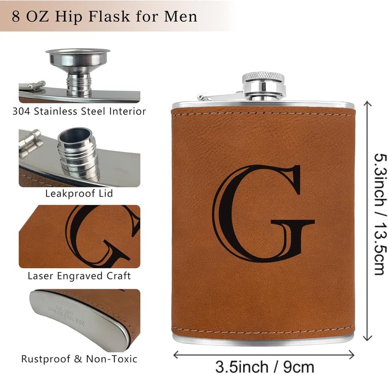 Personalized Leather Hip Flask for Men – 8 oz Engraved Whiskey Gift