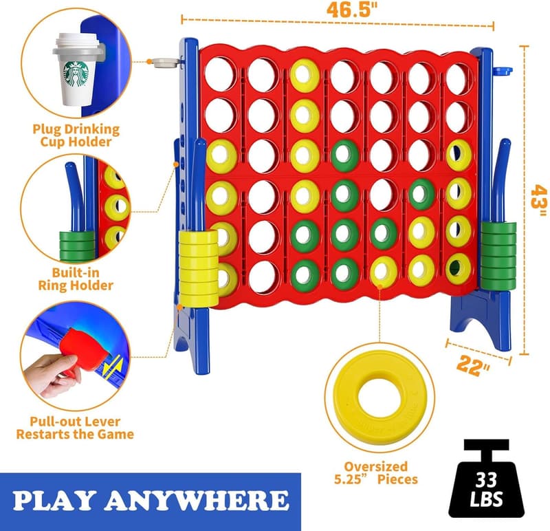 Giant 4 in a Row Game Set with Carry Bag and 42 Rings