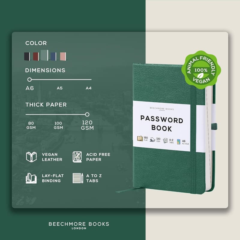 Vegan Leather Password Keeper Book with Tabs – Dartmouth Green