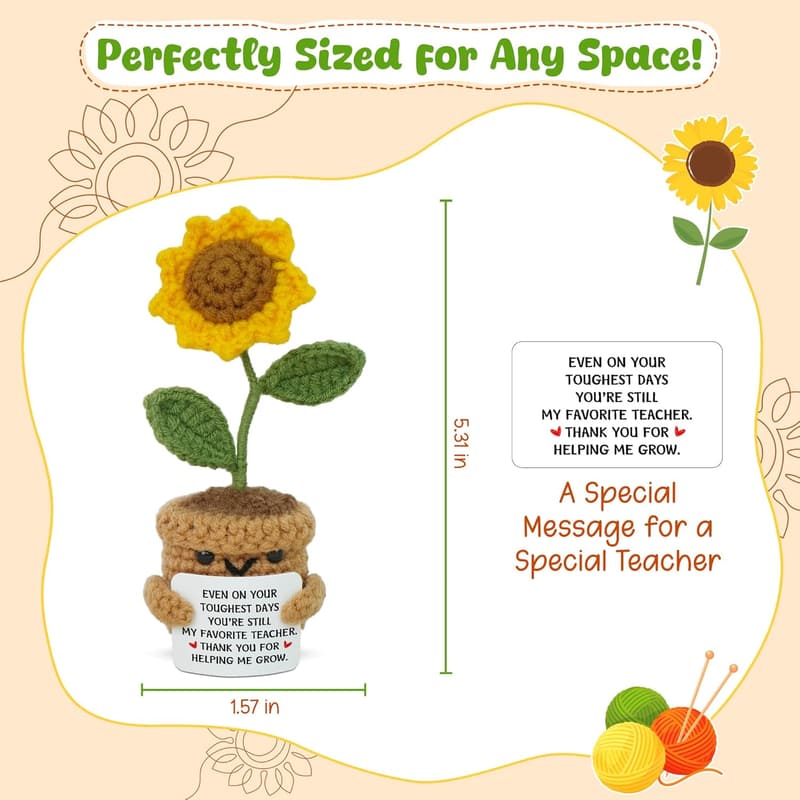 Teacher Appreciation Gift - Handmade Sunflower Crochet with Card