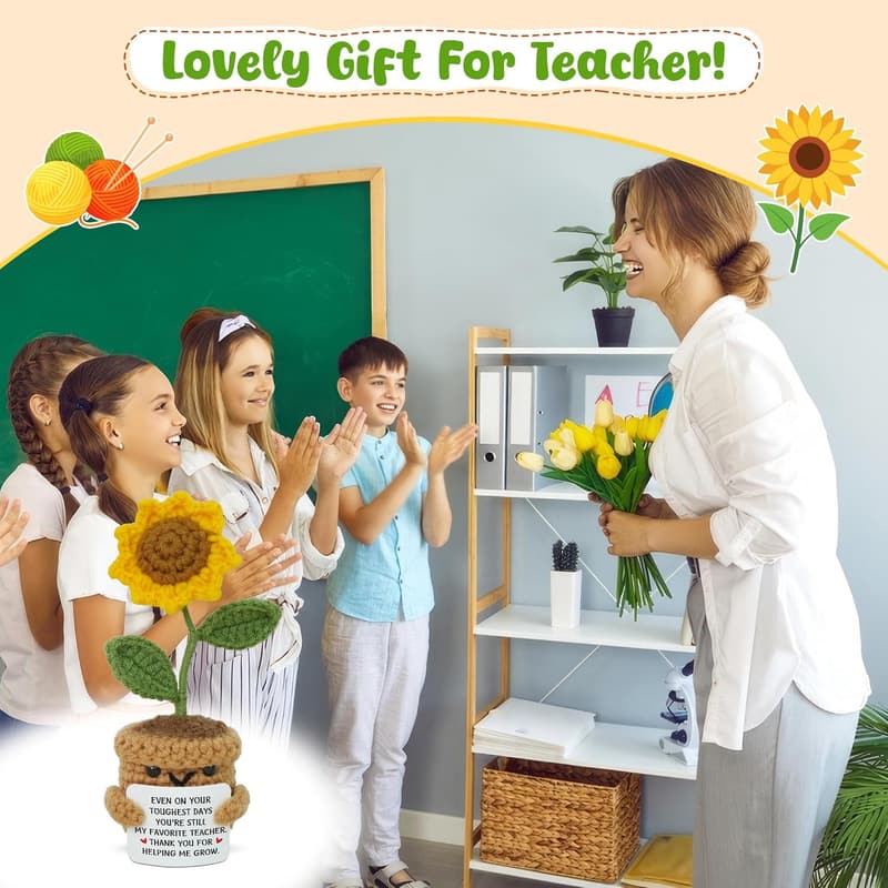 Teacher Appreciation Gift - Handmade Sunflower Crochet with Card