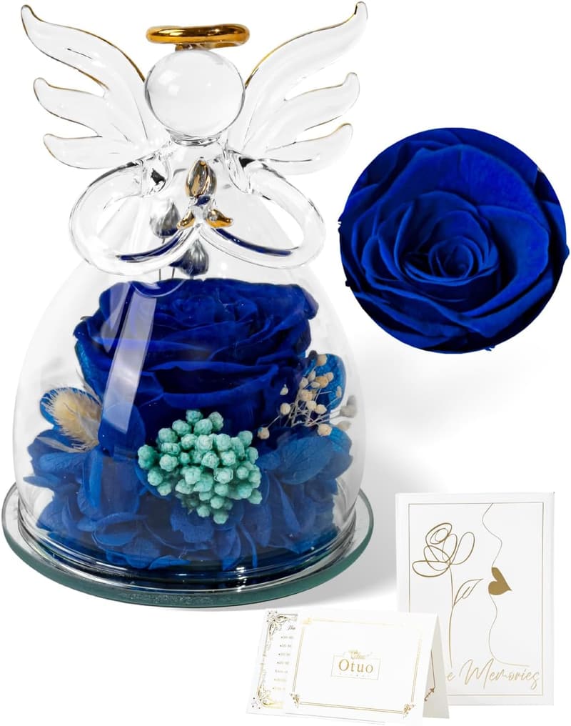 Mother's Day Preserved Blue Rose in Glass Angel Gift