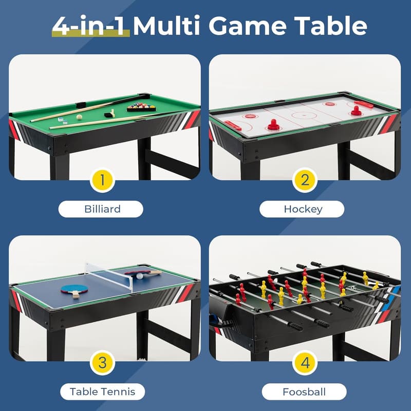 4-in-1 Game Table for Family: Foosball, Pool, Air Hockey, Table Tennis