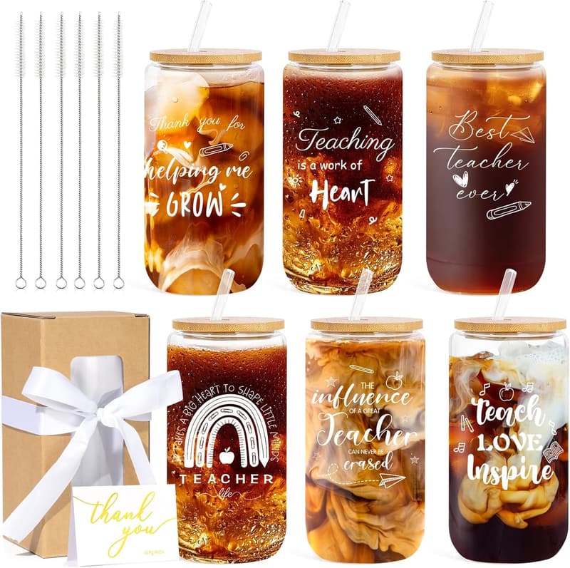 Teacher Appreciation 16 oz Glass Cups - Set of 6 Inspirational Gifts