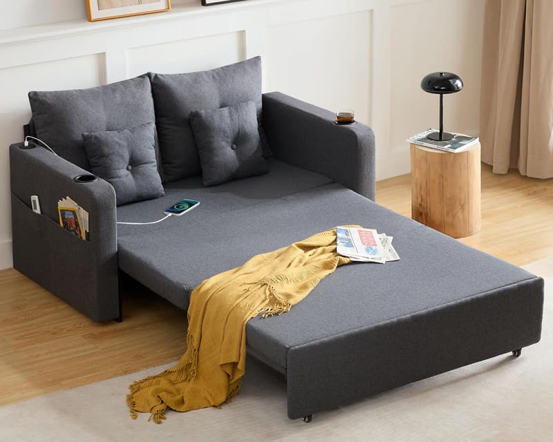 Convertible Sofa Bed with Storage Pocket & USB - Dark Grey