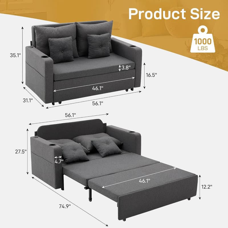 Convertible Sofa Bed with Storage Pocket & USB - Dark Grey