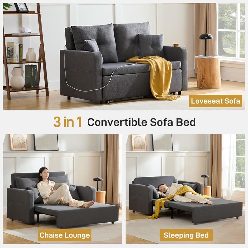 Convertible Sofa Bed with Storage Pocket & USB - Dark Grey