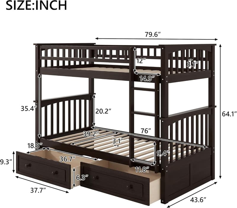 Espresso Twin-Over-Twin Bunk Bed with Storage Drawers