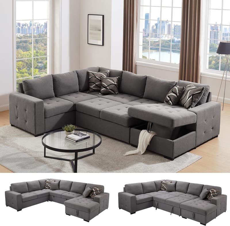 Oversized Gray U-Shaped Sectional Sleeper Sofa with Storage