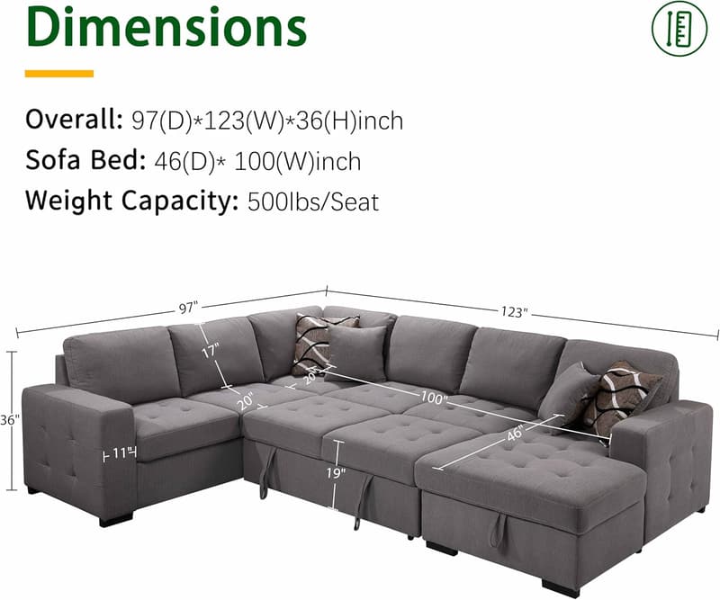 Oversized Gray U-Shaped Sectional Sleeper Sofa with Storage