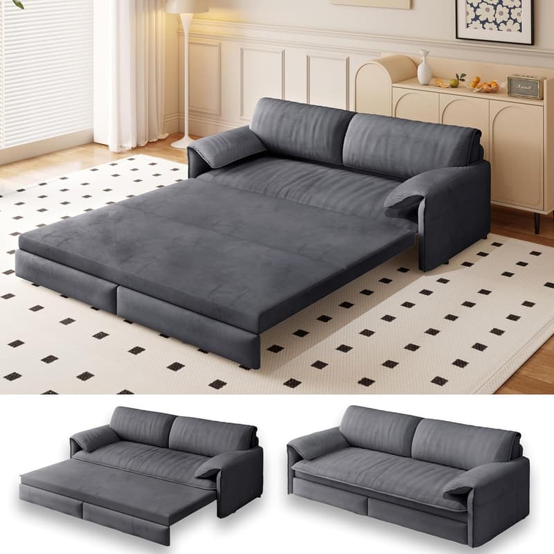 Modern 3-in-1 Velvet Futon Sofa Bed for Small Spaces, Grey