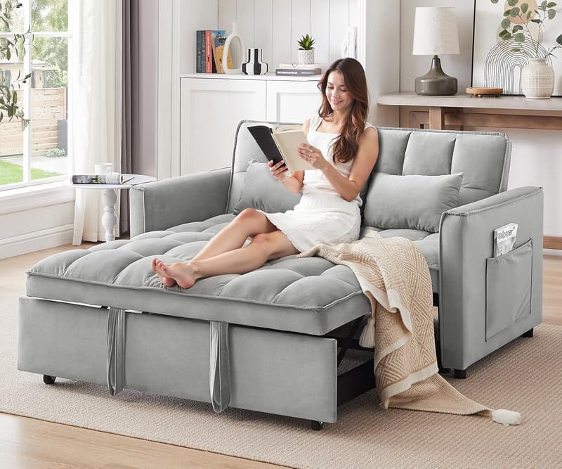 Convertible Sleeper Sofa Bed with Adjustable Backrest - Grey Velvet