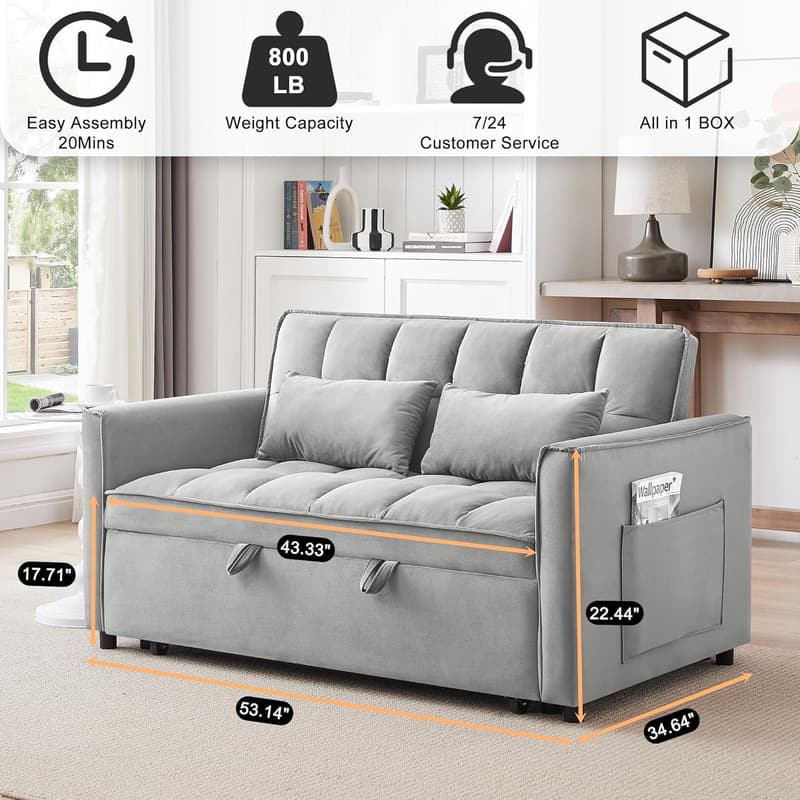 Convertible Sleeper Sofa Bed with Adjustable Backrest - Grey Velvet