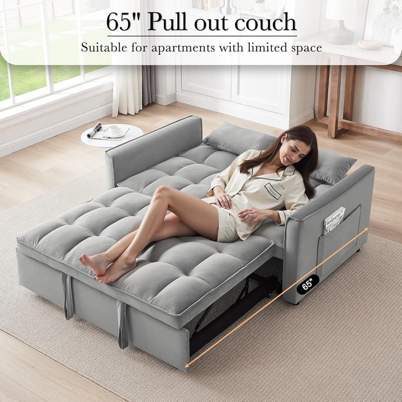 Convertible Sleeper Sofa Bed with Adjustable Backrest - Grey Velvet
