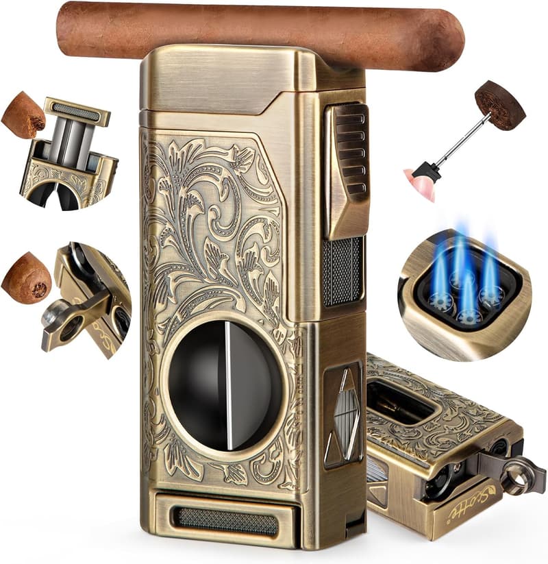 Cigar Lighter Set with V-Cut Cutter and Holder, Gift Boxed