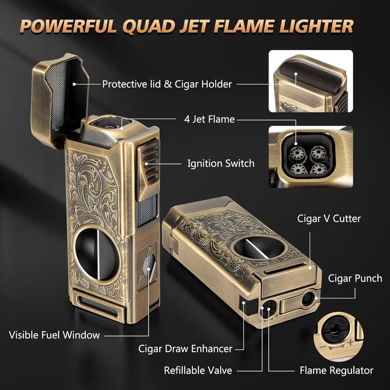 Cigar Lighter Set with V-Cut Cutter and Holder, Gift Boxed