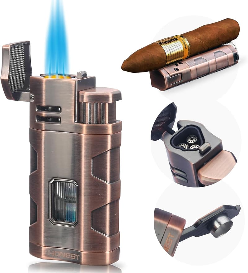 Triple Jet Flame Butane Torch Lighter with Cigar Punch - Red Copper