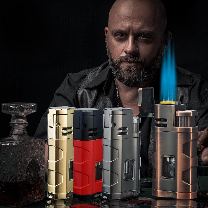Triple Jet Flame Butane Torch Lighter with Cigar Punch - Red Copper
