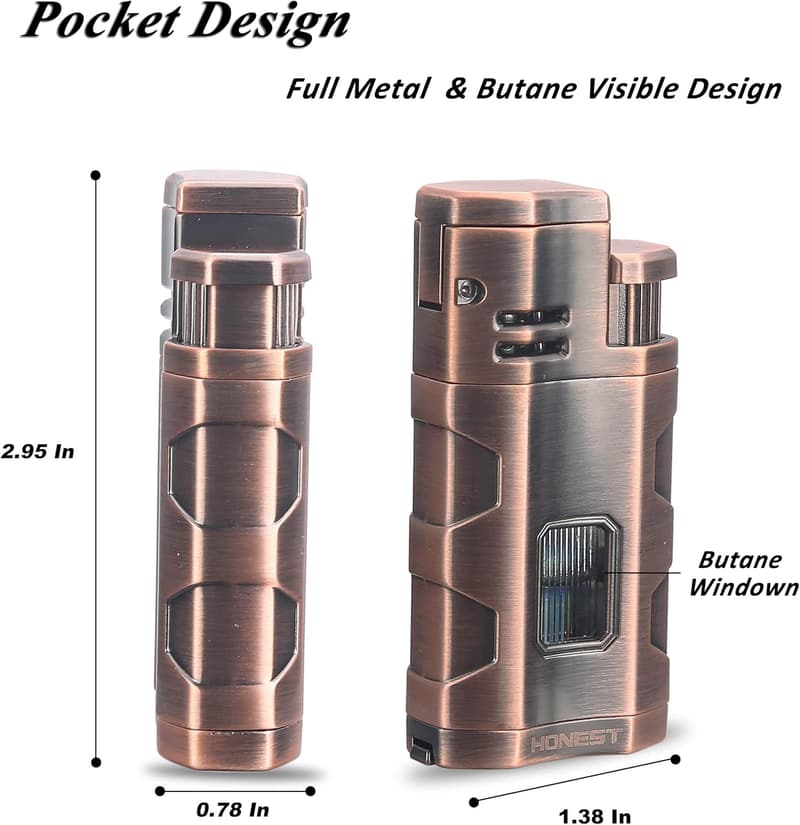 Triple Jet Flame Butane Torch Lighter with Cigar Punch - Red Copper
