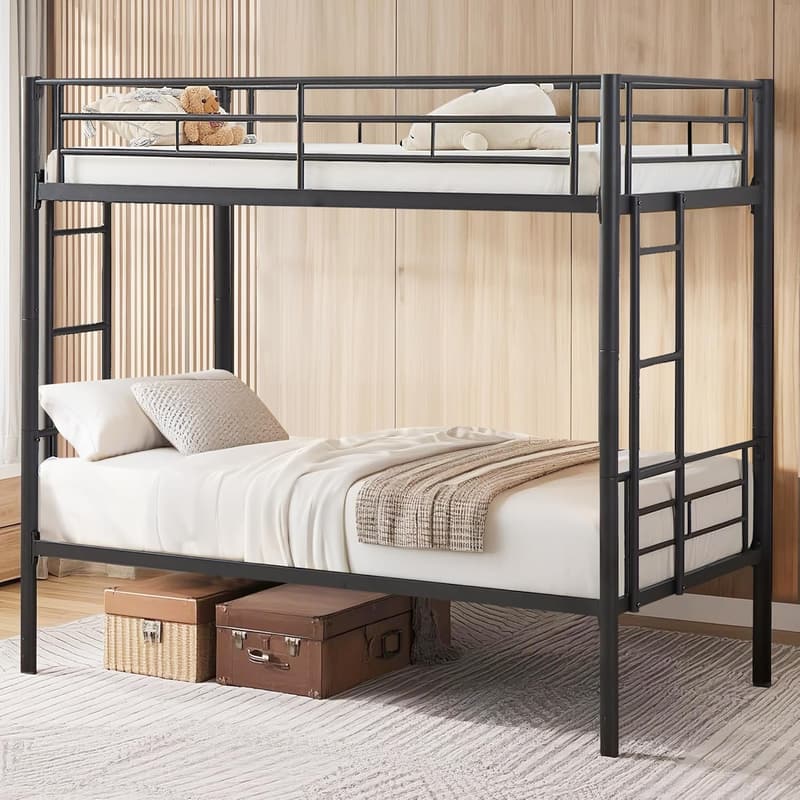 Matte Black Twin Over Twin Metal Bunk Bed with Ladder & Guardrail