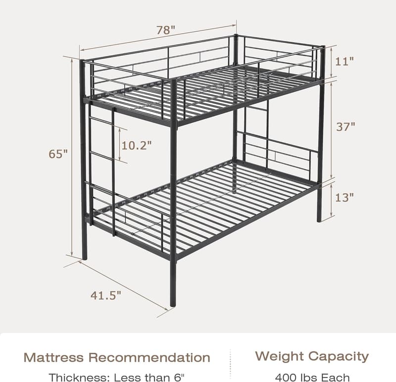 Matte Black Twin Over Twin Metal Bunk Bed with Ladder & Guardrail