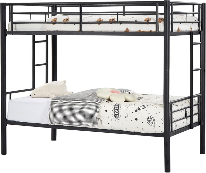 Matte Black Twin Over Twin Metal Bunk Bed with Ladder & Guardrail
