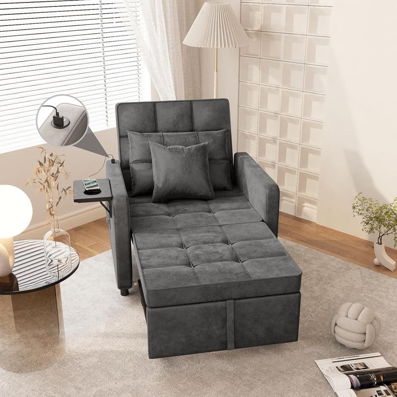 Velvet 3-in-1 Sofa Bed with Wing Table & USB Ports - Dark Grey