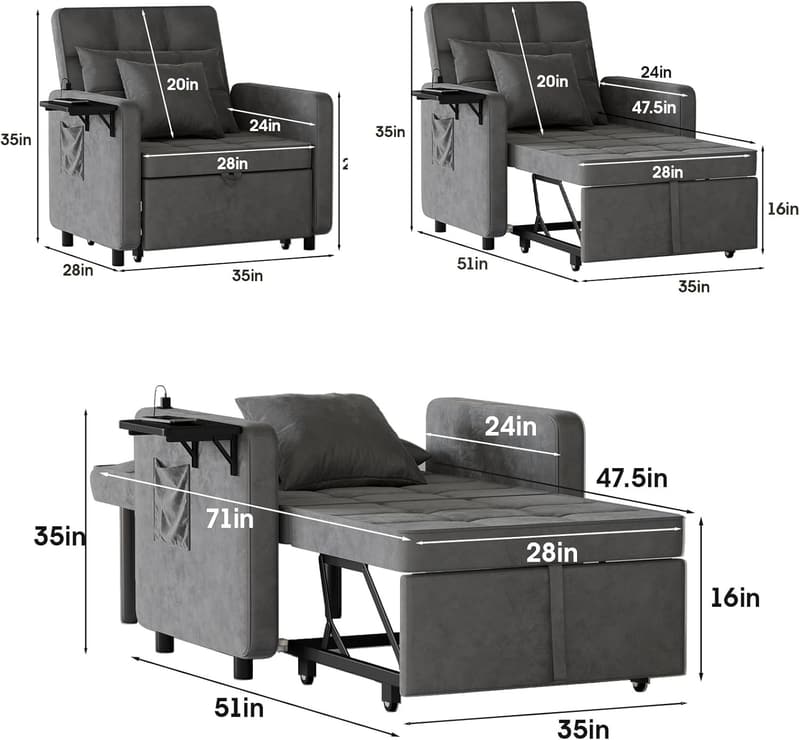 Velvet 3-in-1 Sofa Bed with Wing Table & USB Ports - Dark Grey