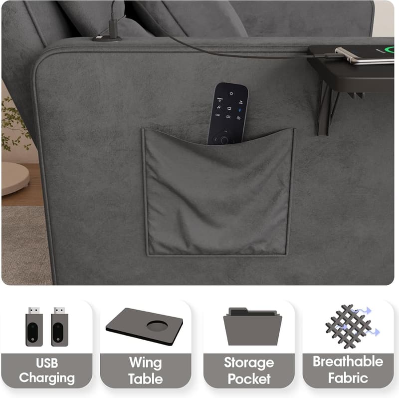 Velvet 3-in-1 Sofa Bed with Wing Table & USB Ports - Dark Grey