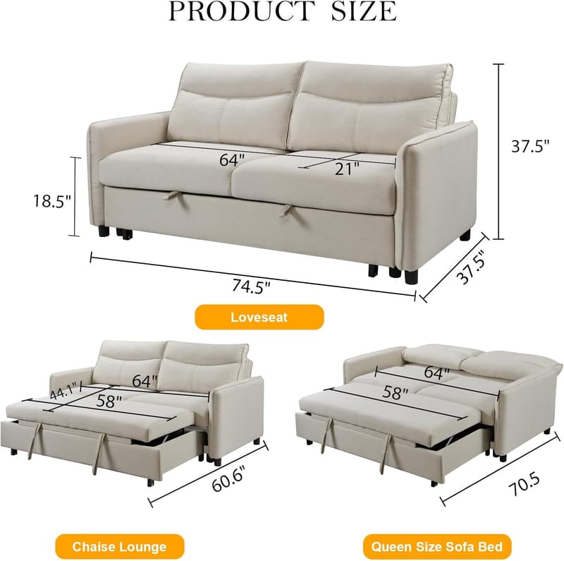 Beige 75-Inch Sleeper Sofa Bed for Small Spaces