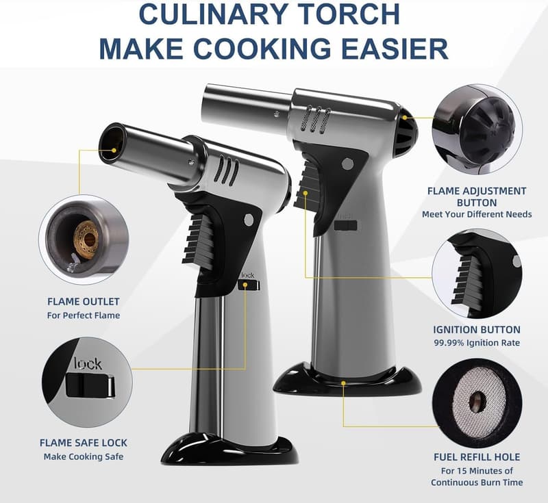 Refillable Butane Cooking Torch with Safety Lock and Adjustable Flame