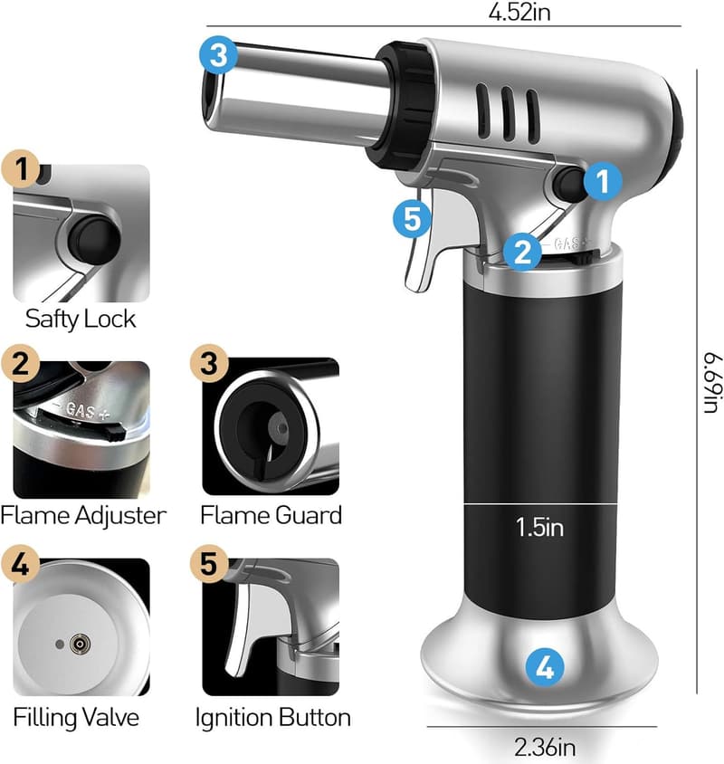 Butane Kitchen Torch with Fuel Gauge & Lock - Ideal for Cooking
