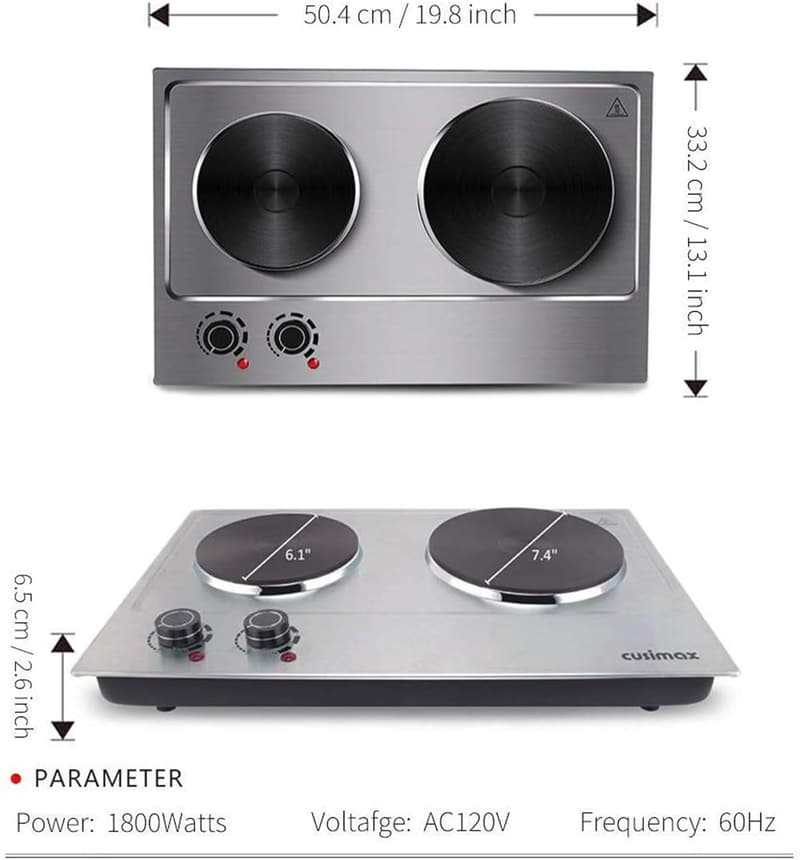CUSIMAX 1800W Portable Double Burner - Stainless Steel Cooktop