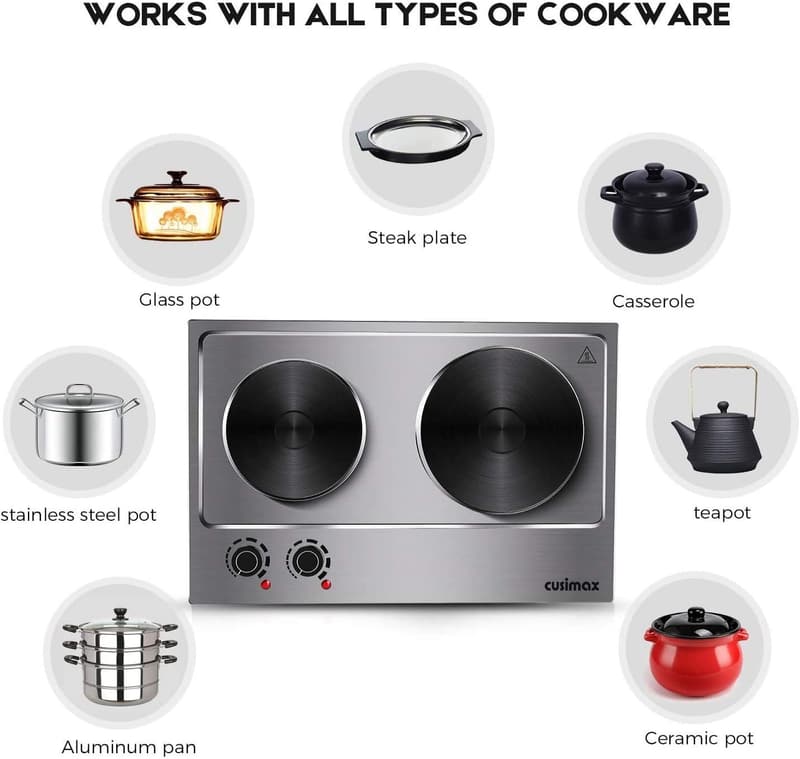 CUSIMAX 1800W Portable Double Burner - Stainless Steel Cooktop