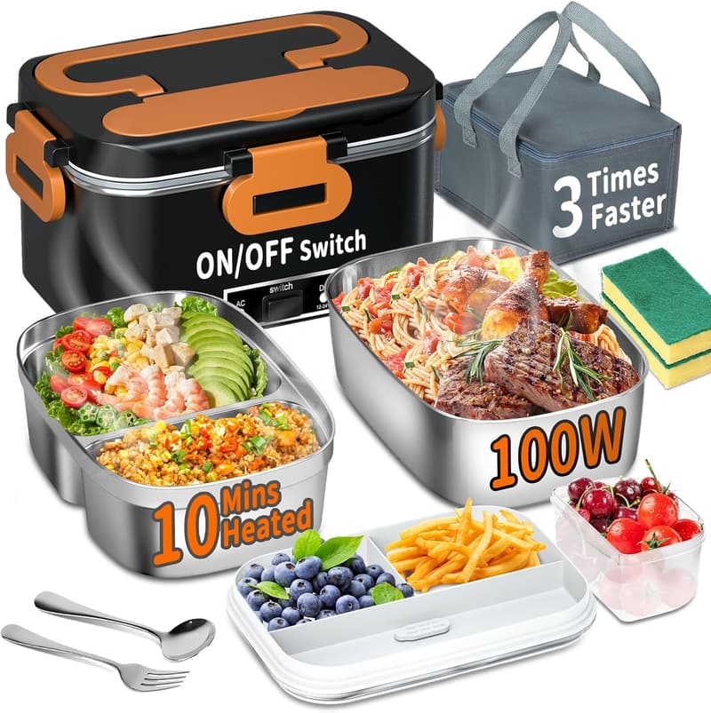Portable Electric Heated Lunch Box for Adults, 1.8L 3-IN-1