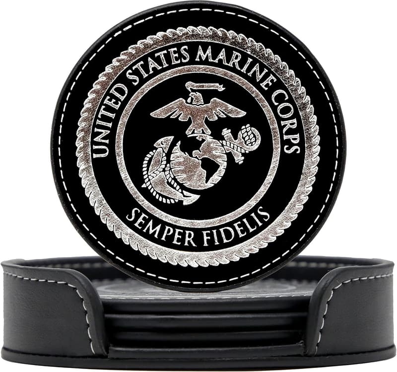 USMC Leather Coaster Set - 4 Premium Coasters with EGA Logo